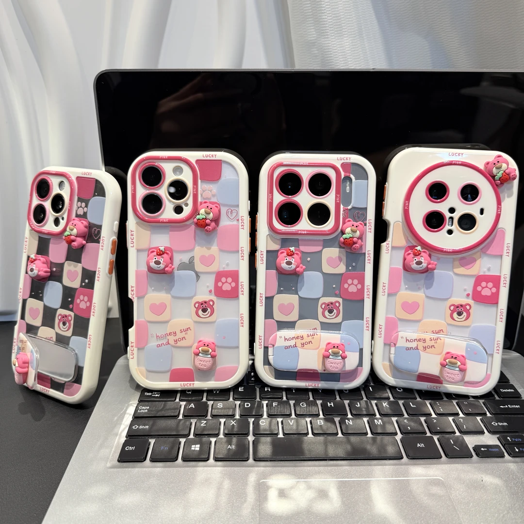 格子草莓熊支架适用苹果/华为/荣耀/OPPO/VIVO/小米手机壳防摔