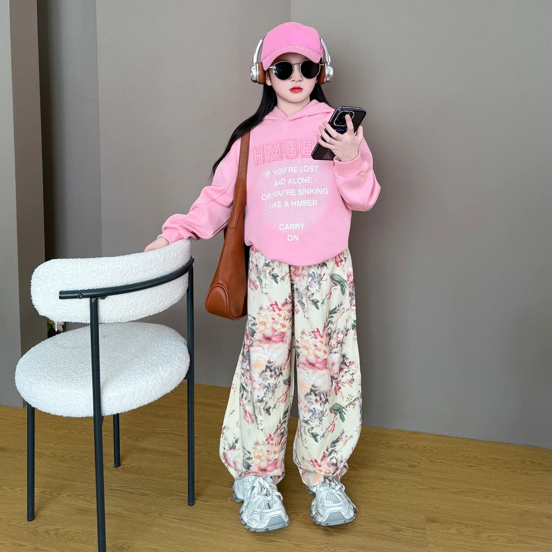 女童春秋休闲套装2025新款洋气中大童春款连帽卫衣碎花阔腿裤套装