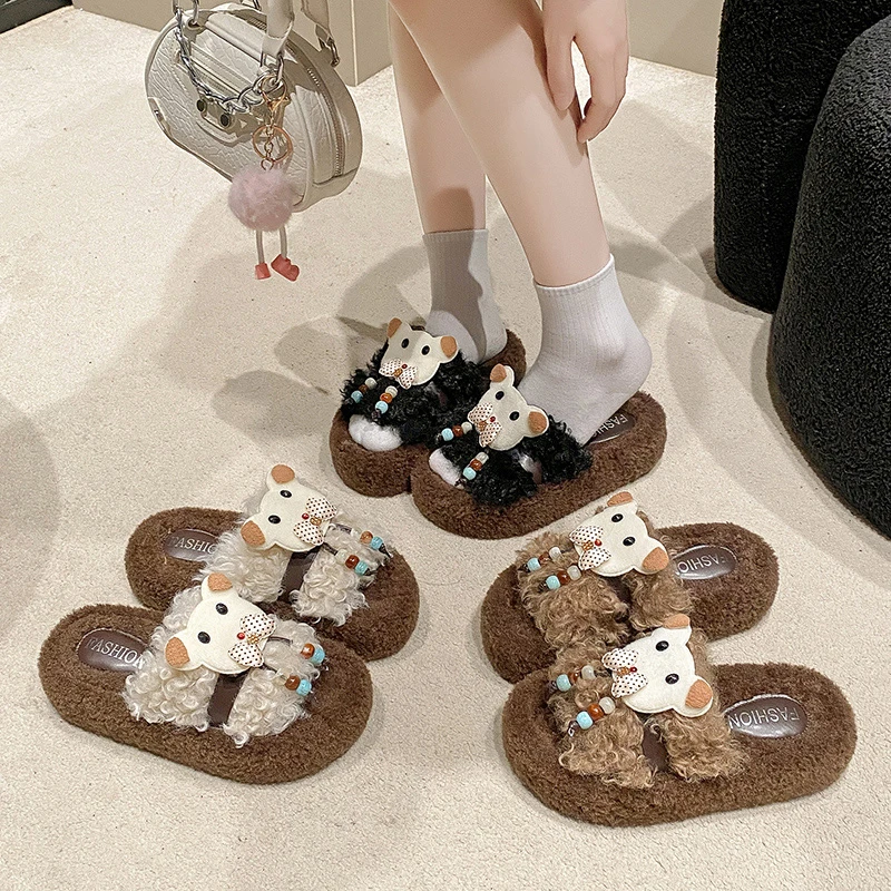 拼色冬季圆头蝴蝶结厚款一字拖ins卡通拖鞋毛拖居家