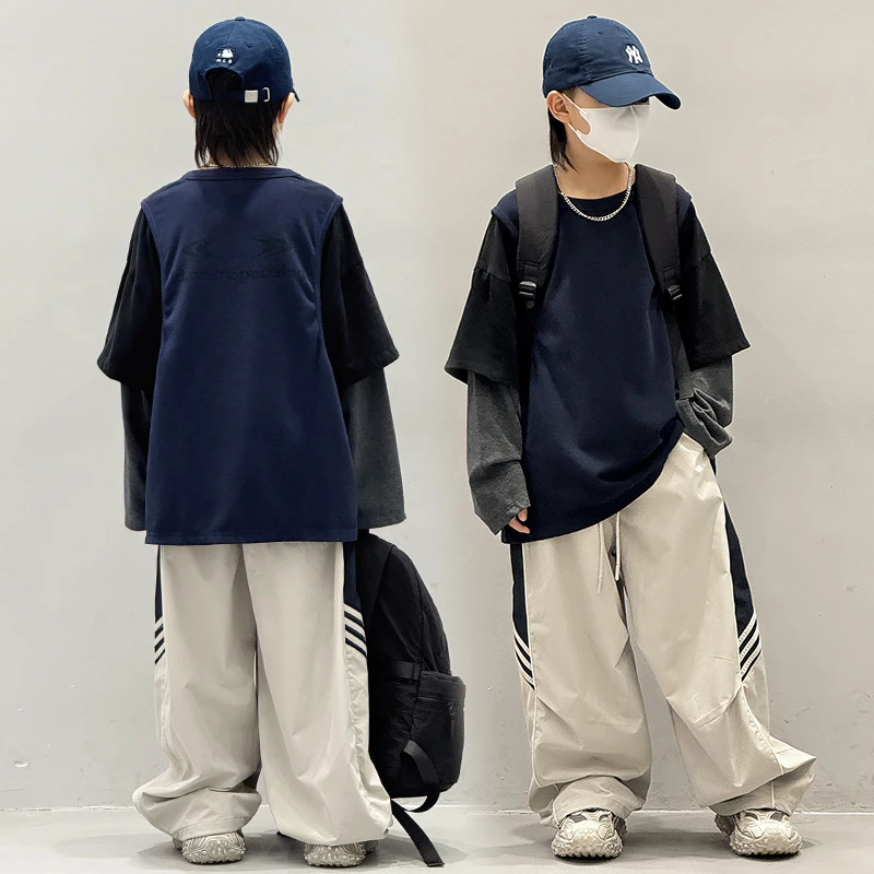 男童长袖T恤2025春秋新款儿童假两件打底衫宝宝韩版洋气百搭上衣