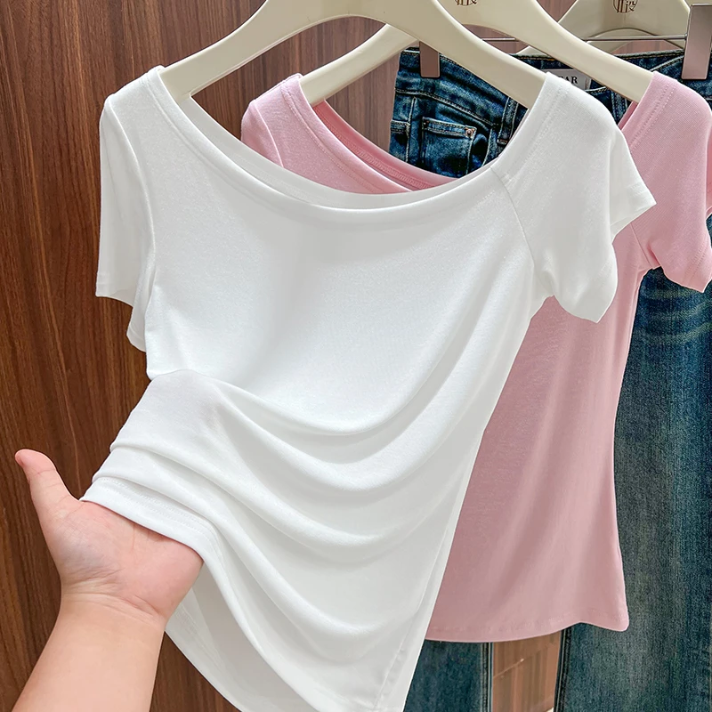 白色斜领设计露肩上衣女2025夏季爆款洋气外穿短袖T恤气质打底衫