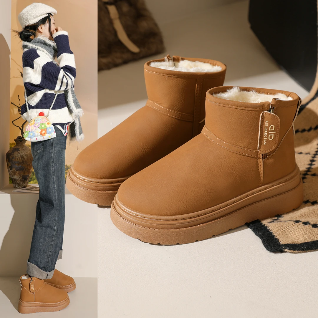 侧拉链圆头2025冬季防滑防水保暖中筒时尚雪地靴靴子短筒