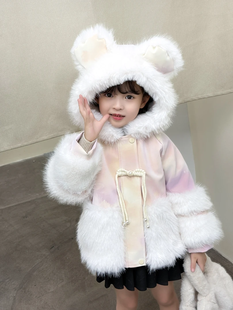 c12女童加绒草草外套2025新款女童洋气连帽加厚冬季女童上衣