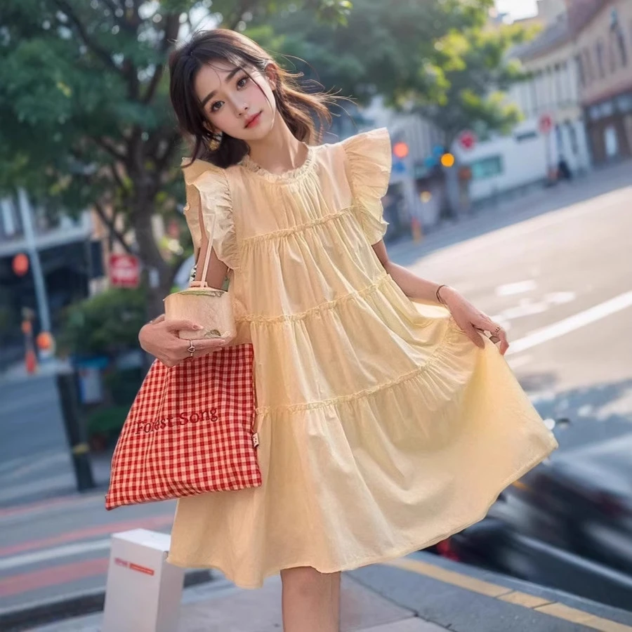 甜美连衣裙夏季2025新款奶系穿搭粉色飞飞袖字裙宽松显瘦小个子