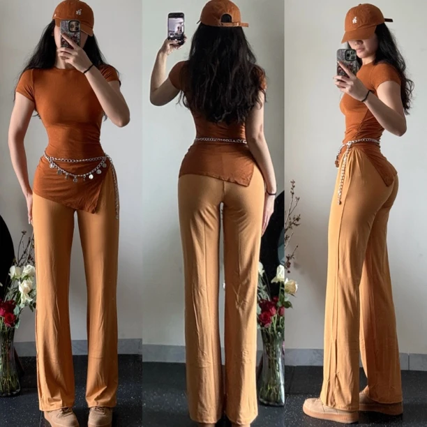 纯欲拉链休闲薄款拖地性感时尚垂感直筒裤阔腿裤夏季微喇高腰显瘦