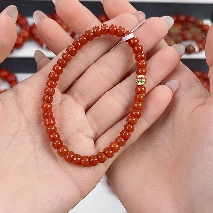 南红玛瑙银S925镶嵌保山柿子红5mm手串diy