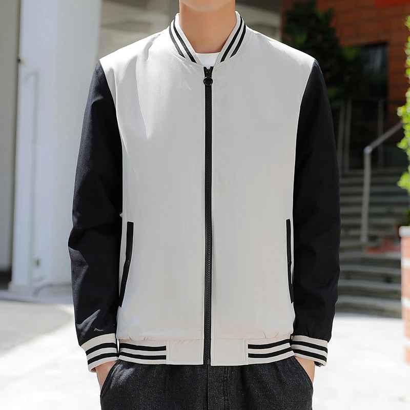 春秋季男士休闲运动时尚百搭立领拼接撞色拼色棒球领宽松夹克外套