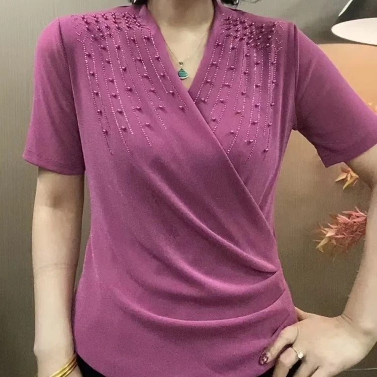 2025早春新款中袖V领气质纯色串珠洋气时尚女士上衣打底衫