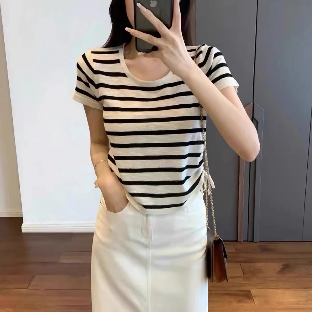 简约款减龄莱赛尔天丝圆领抽褶短袖t恤女装夏季百搭宽松显瘦上衣