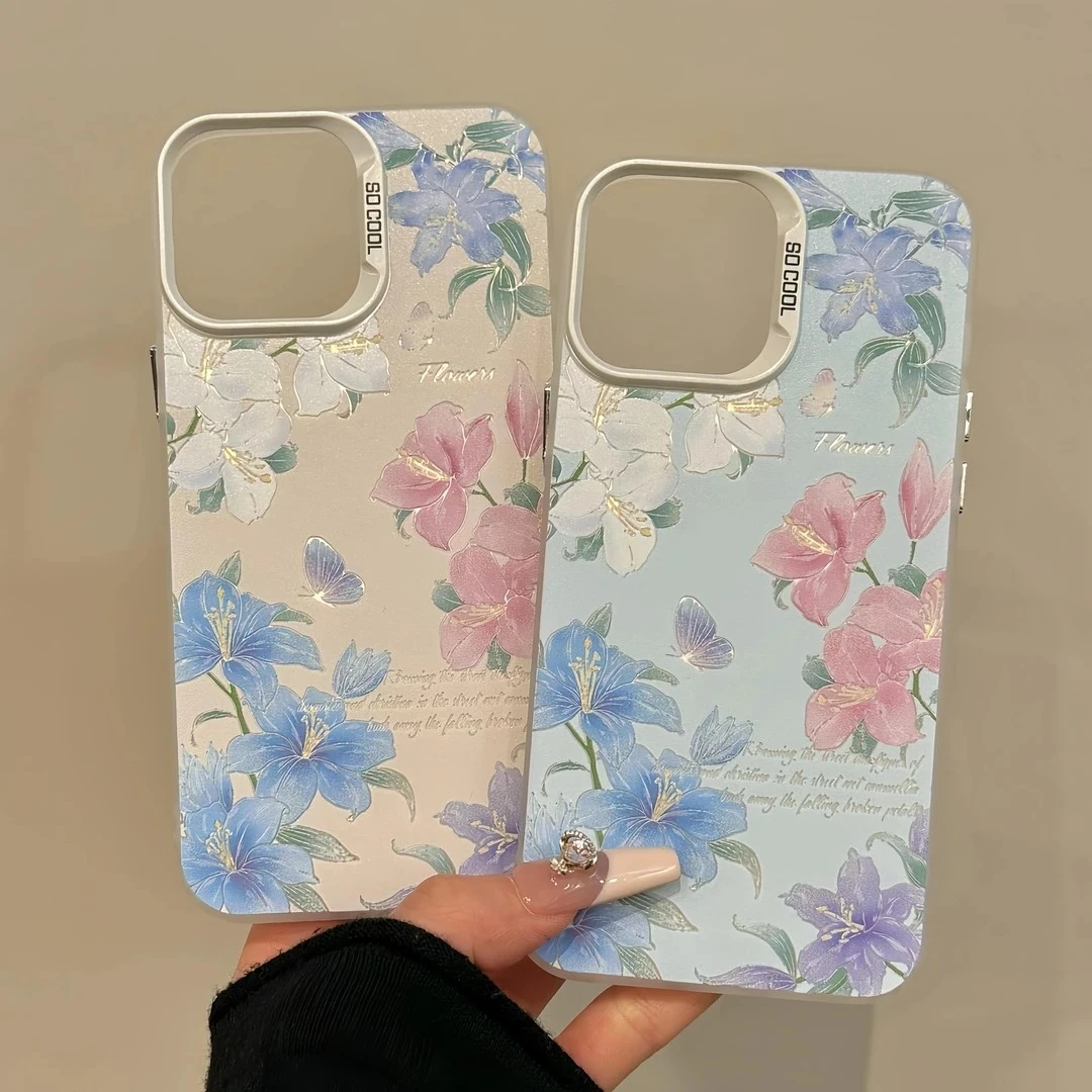 适用满屏百合磨砂彩银适用苹果16/15手机壳华为vivo小米oppo撞色