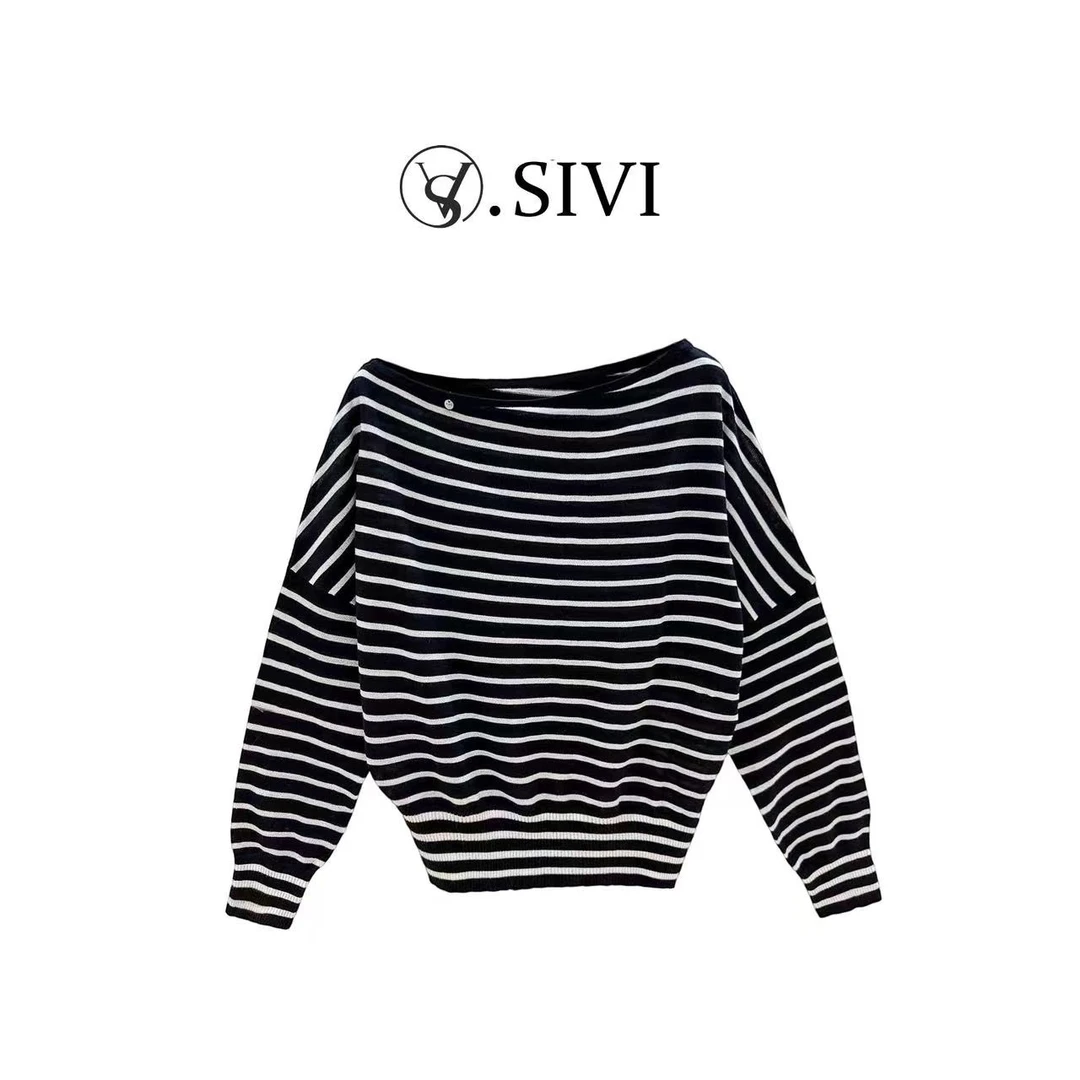 熙薇【罗勒清晨】2025早秋新款时尚休闲百搭一字肩条纹毛衣H5137