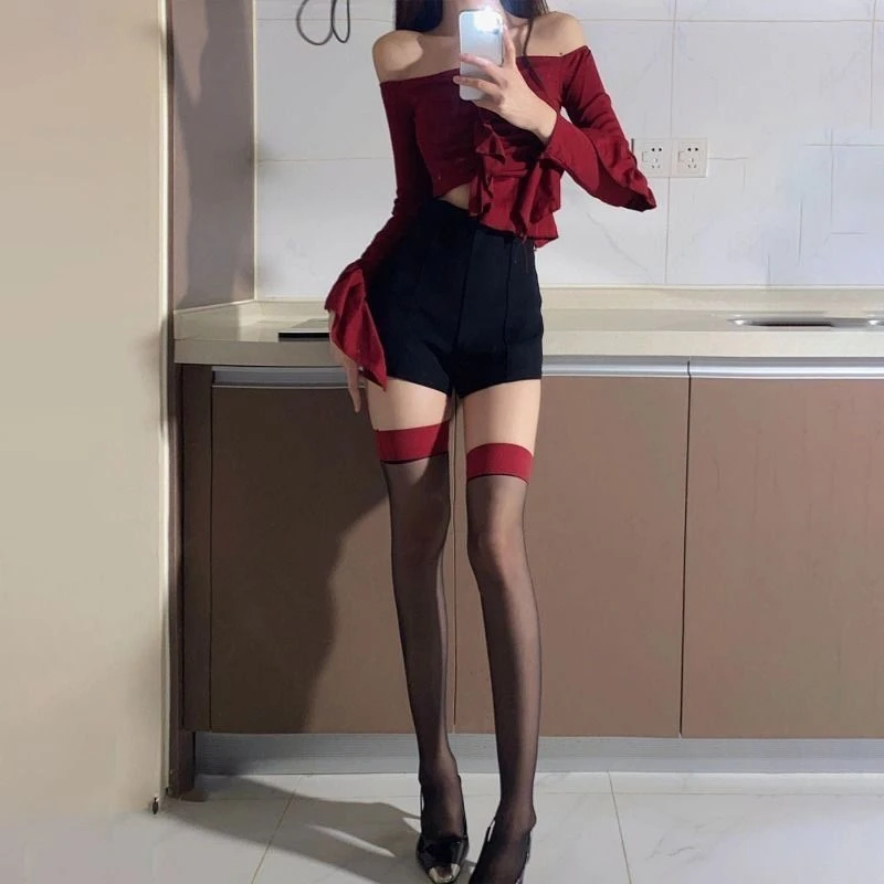 黑色ins性感红色丝袜红边拼接性感长腿丝袜薄黑丝纯欲长筒过膝袜