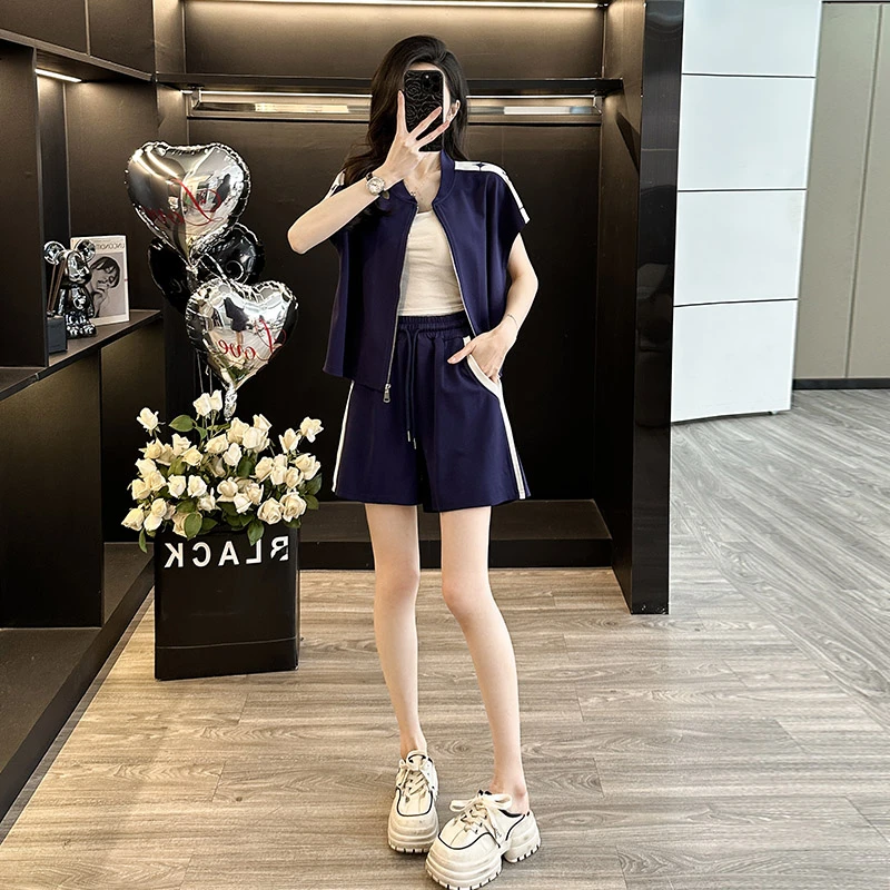 欧货时尚休闲运动跑步套装女夏季新款短洋气减龄袖短裤显瘦两件套