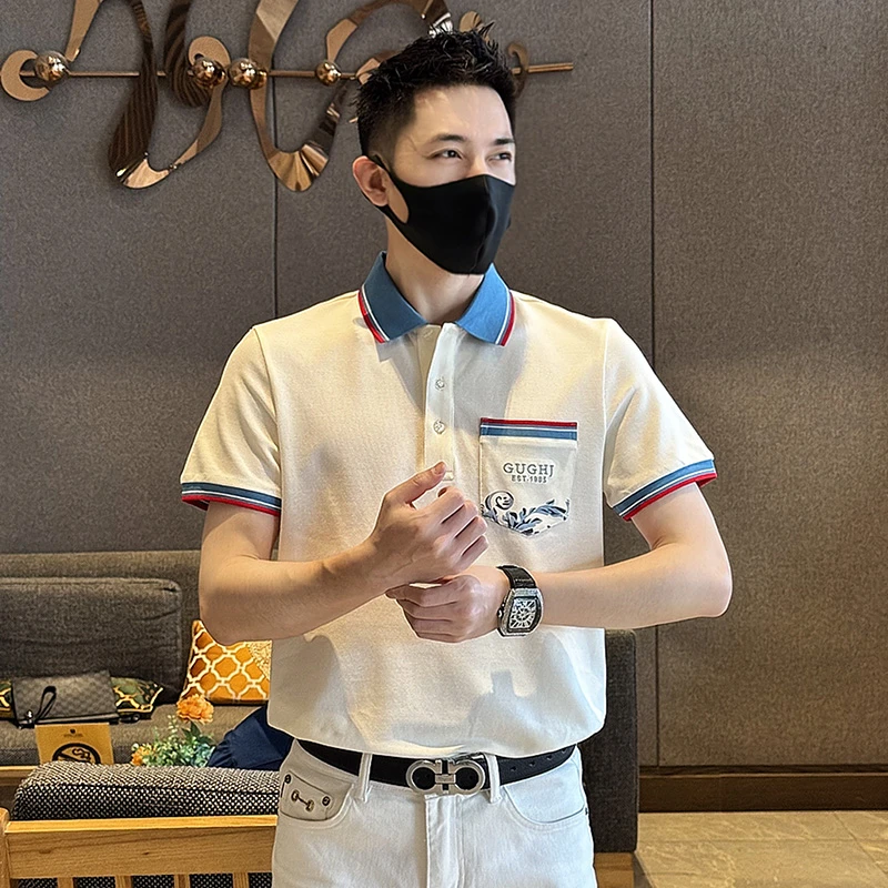 2025夏季POLO衫男款潮流撞色休闲翻领男时尚刺绣拼接轻奢百搭帅气