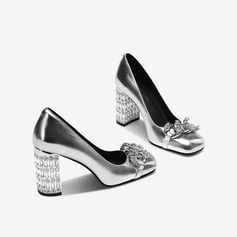 高级感银色水钻粗跟单鞋女2025春季新款浅口真皮一脚蹬气质高跟鞋