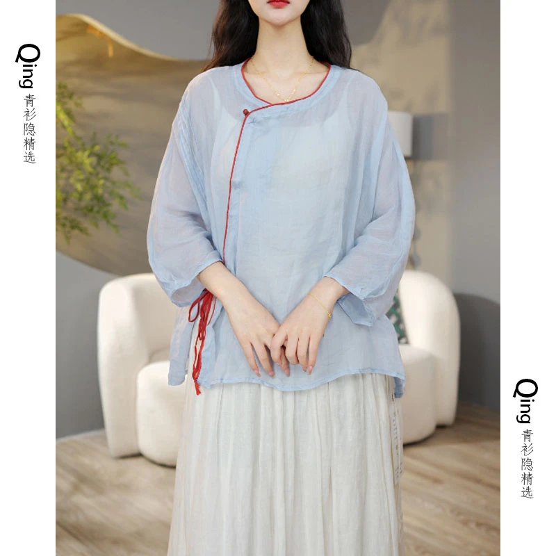 6394夏季新款拼色设计苎麻系带小衫