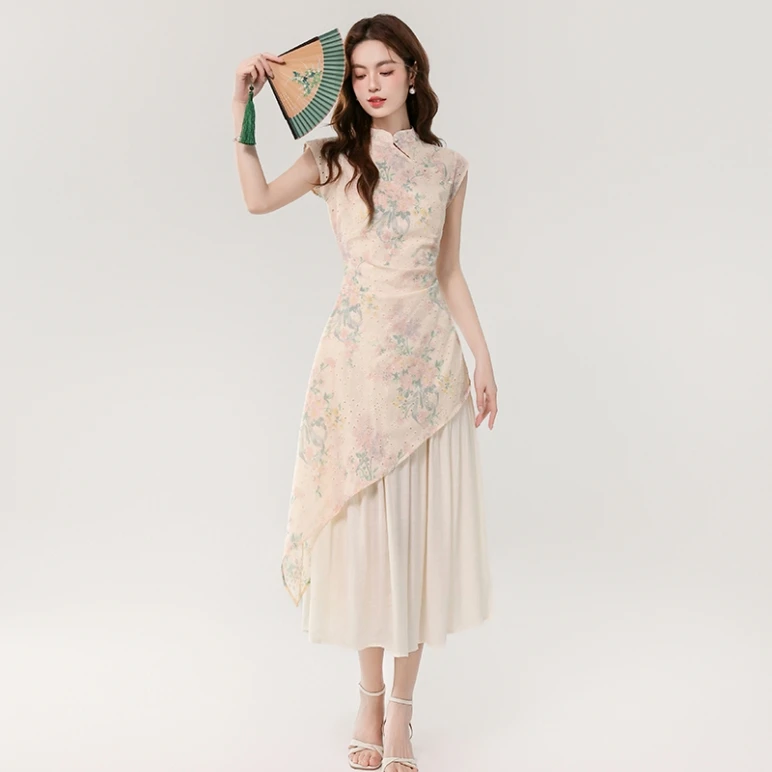 2025夏季新款新中式温婉优雅不规则假两件显瘦长款印花刺绣连衣裙