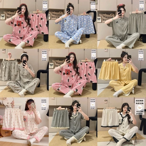 【三件套带胸垫】夏季睡衣女生云朵棉短袖短裤长裤甜美家居服可外穿