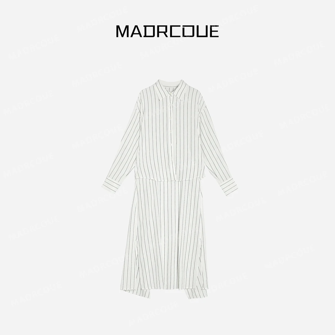 MADRCOUE 翻领条纹衬衫连衣裙宽松气质百搭裙子 605022