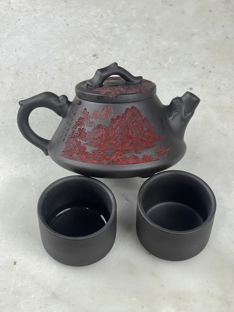 【闪购商品】千里江山深井老紫泥石瓢壶（送两杯）