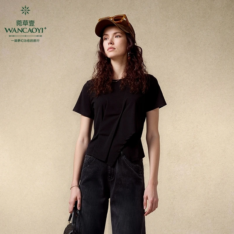 【商场同款】菀壹2025夏季新款设计感纯色短款T恤T41633521