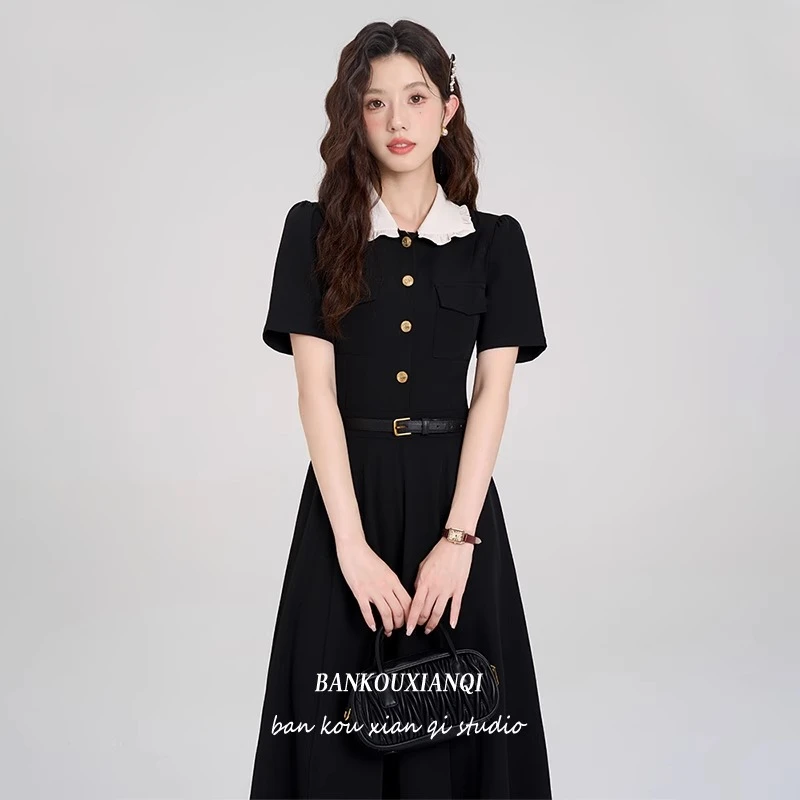 半口仙气夏季新款学院风黑色短袖连衣裙教资面试新款连衣裙女夏