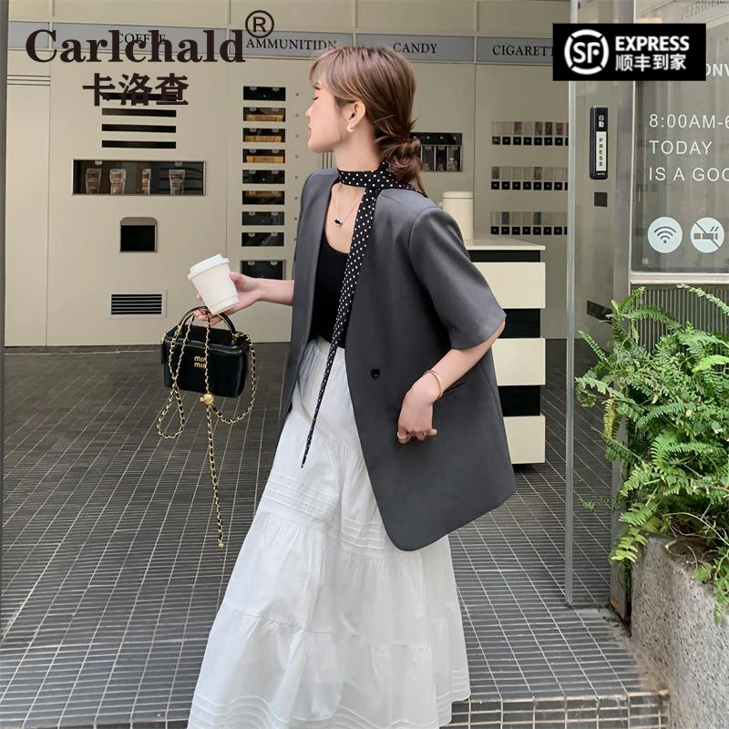 CARLCHALD卡洛查休闲深灰色短袖西装外套女夏2025新款轻奢韩系慵