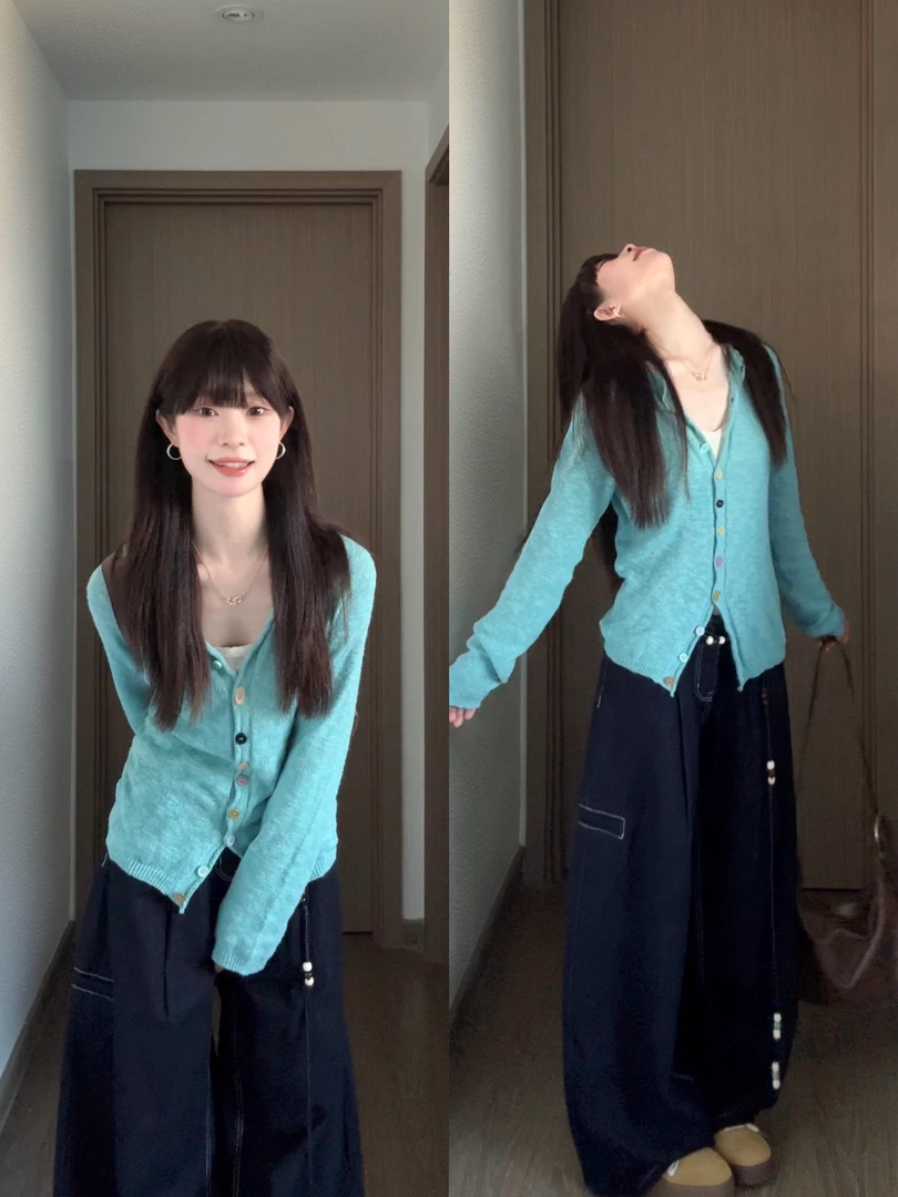 秋季新款韩系ins风亮色系穿搭彩色纽扣针织开衫牛仔阔腿裤两件套