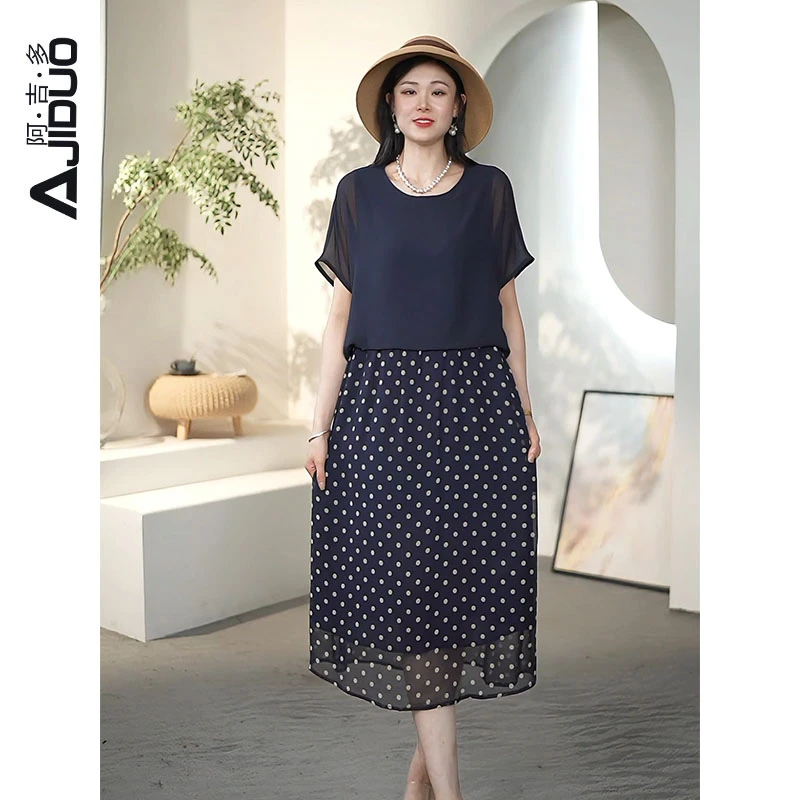 法式气质波点假两件连衣裙夏季新款时尚拼接阔太太宽松休闲裙子