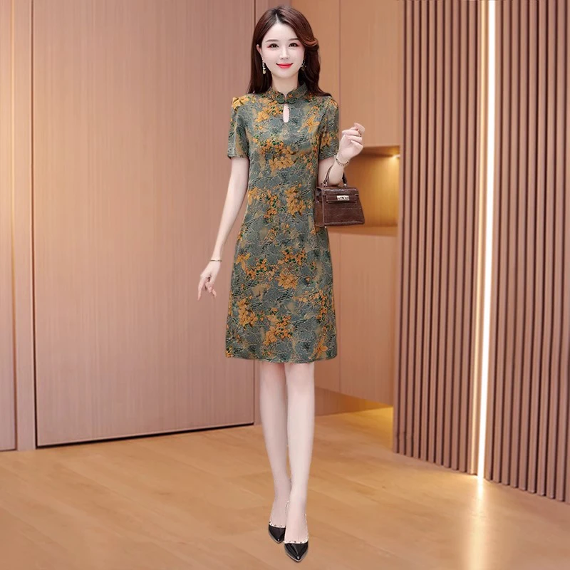 高端气质中国风旗袍改良小个子洋气碎花连衣裙女夏季高贵中年妈妈