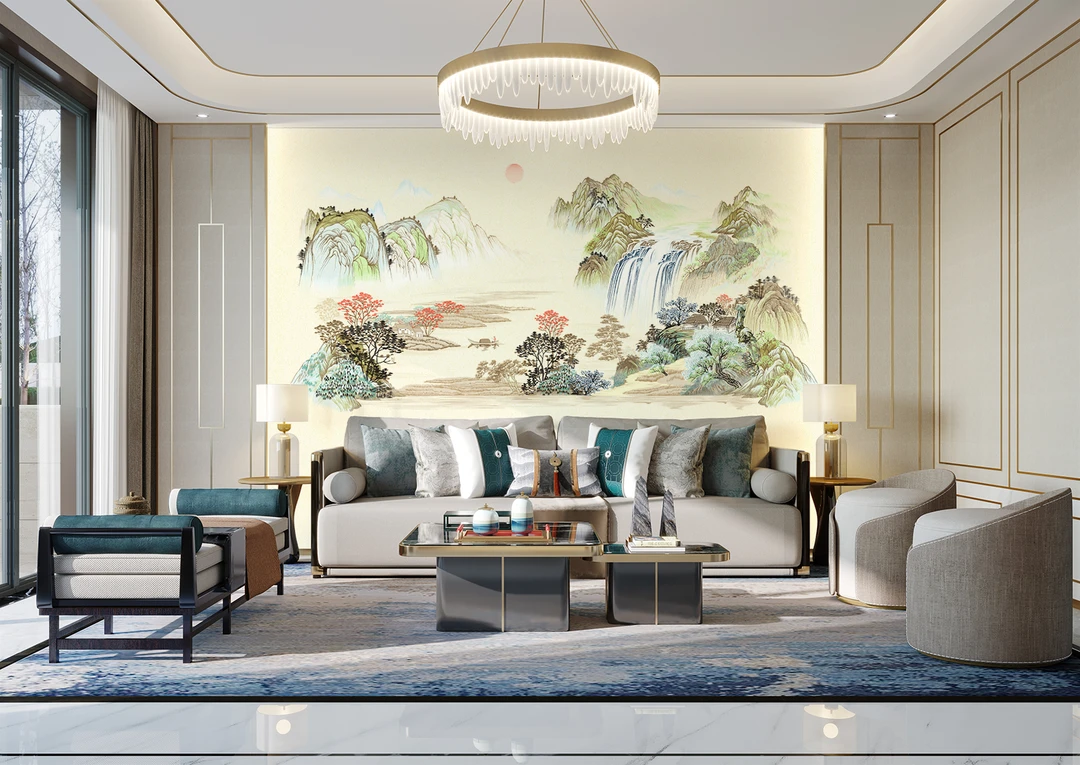 新中式富水长流刺绣背景墙适用于沙发电视茶室背景
