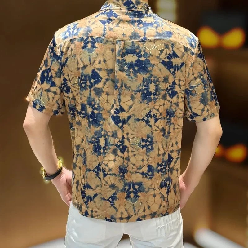 2025夏季双拉链开衫款修身男士休闲个性时尚潮流印花短袖撞色T恤