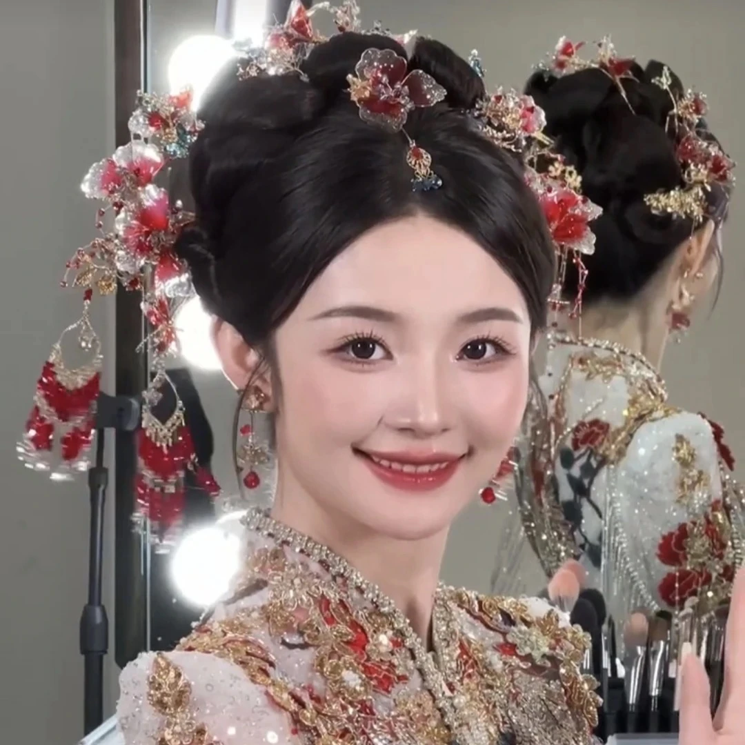 z8294新款高级气质红色造液花中式婚礼秀禾古风新娘结婚头饰