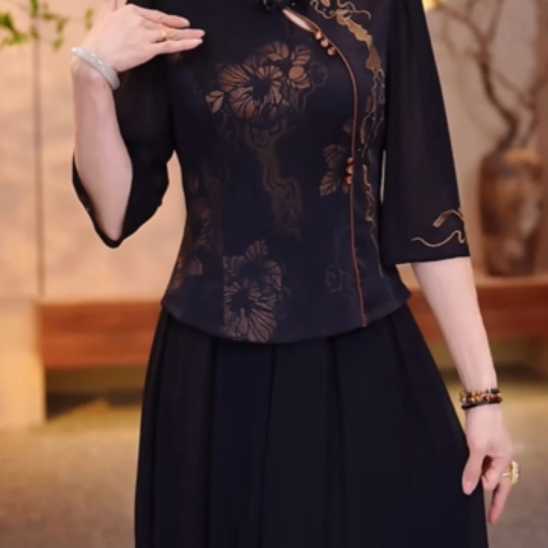 高级桑波珍珠缎阔太太新中式套装2025夏季新款国风优雅气质俩件套