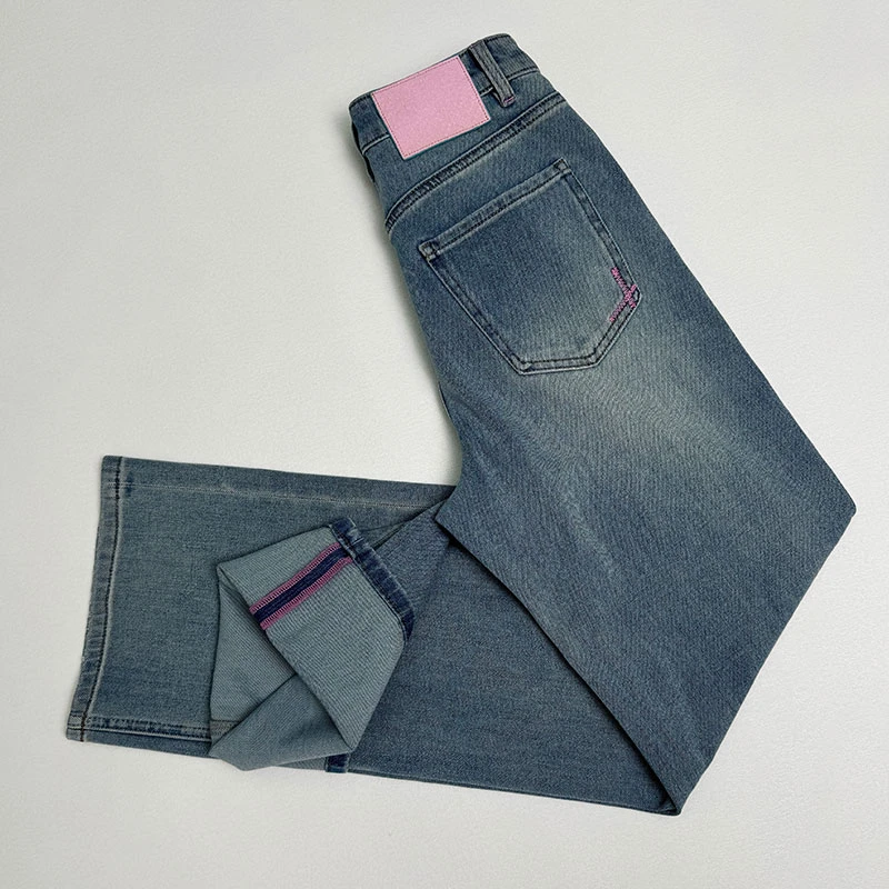 花匣子牛仔裤70065粉标浅蓝色直筒flower2025春款弹力窄版阔腿裤