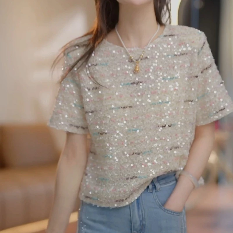 2025年夏季新款时尚气质蕾丝圆领短袖亮片彩虹上衣LK2502409