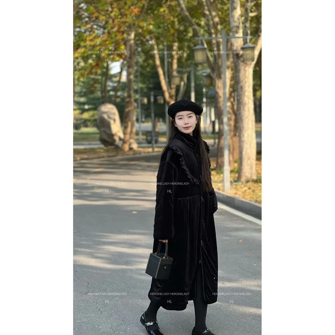 【喵喵】HL新疆棉冬小香风精致百搭显瘦立领黑色收腰长款棉服外套