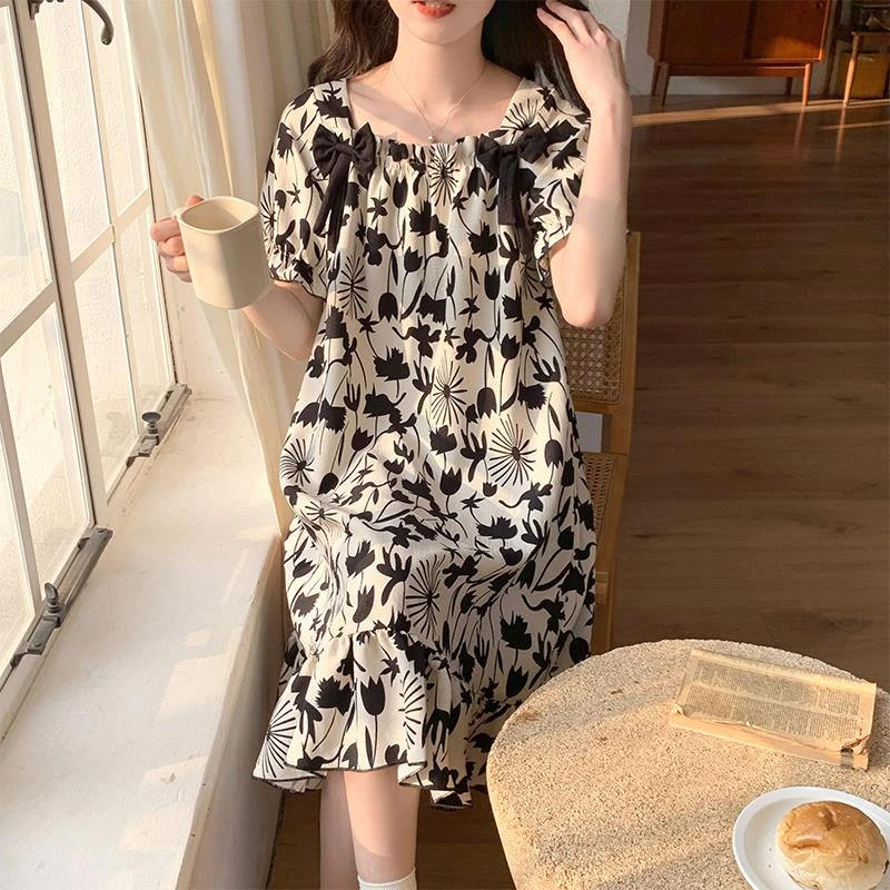 GPSUNLU带胸垫睡裙夏季薄款短袖复古公主风睡衣女款空调房家居服