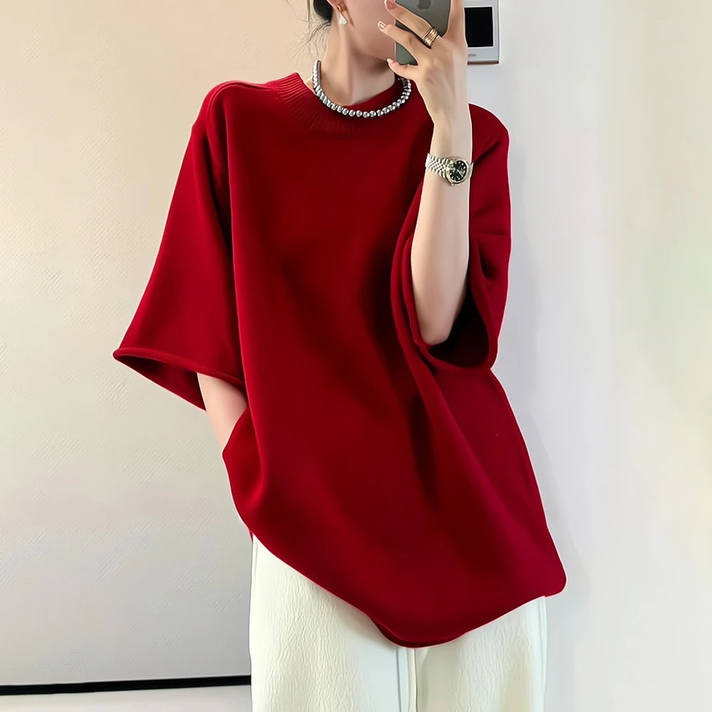 早秋女红色毛衣慵懒高级感宽松七分袖时尚洋气内搭打底针织衫上衣