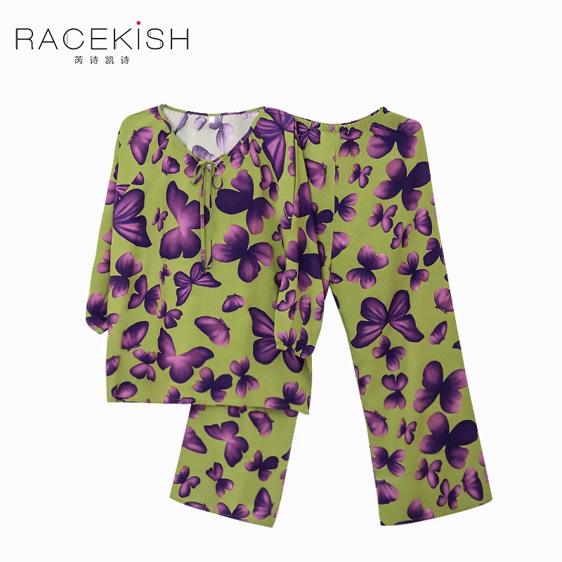 Racekish蝴蝶紫绵绸印花睡衣居家日常创意可外穿家居服套装