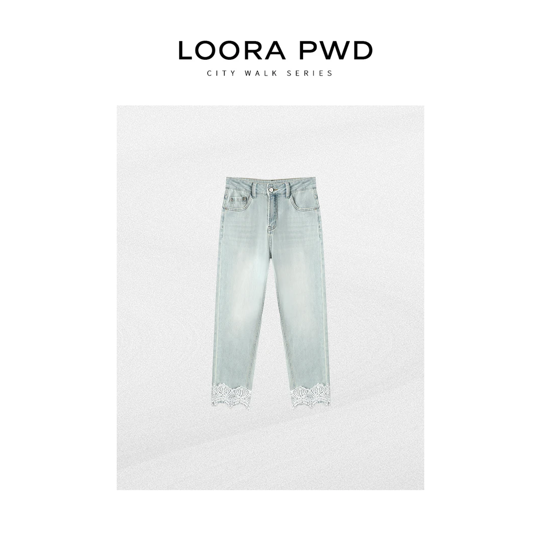 LOORAPWD/罗拉密码 全新夏季水洗牛仔裤脚口蕾丝拼接25CJBG0113N