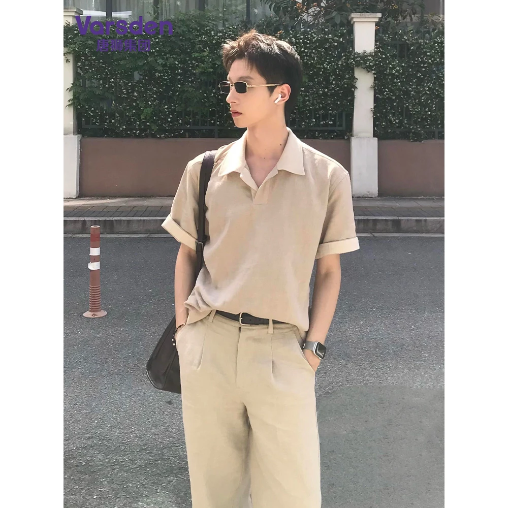 唐狮集团Varsden老钱风棉麻撞色POLO衫V领cleanfit风美式男款上衣