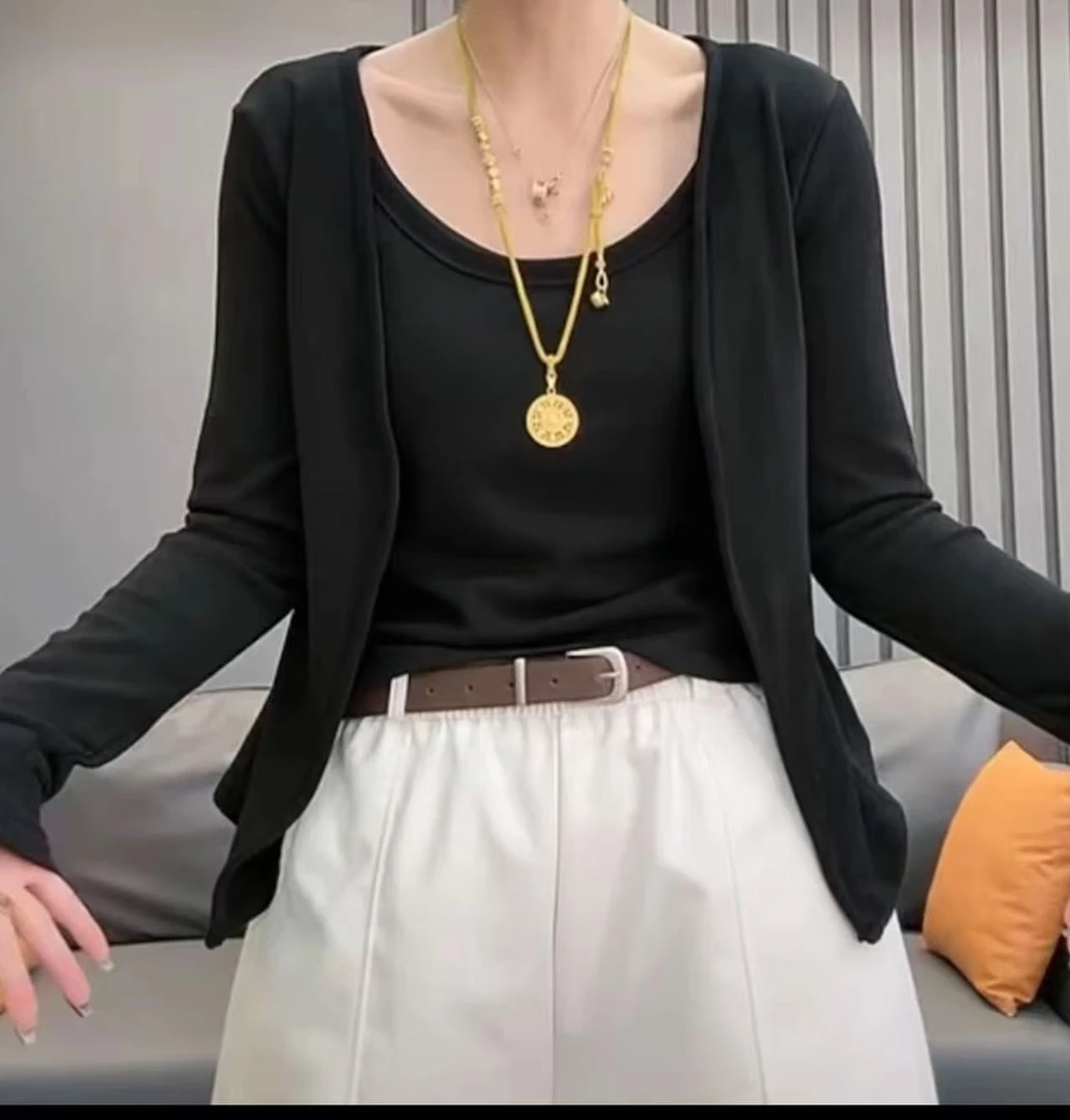 【小两口】速干针织T恤秋冬女士网红U型领极简风长袖法式常规1220