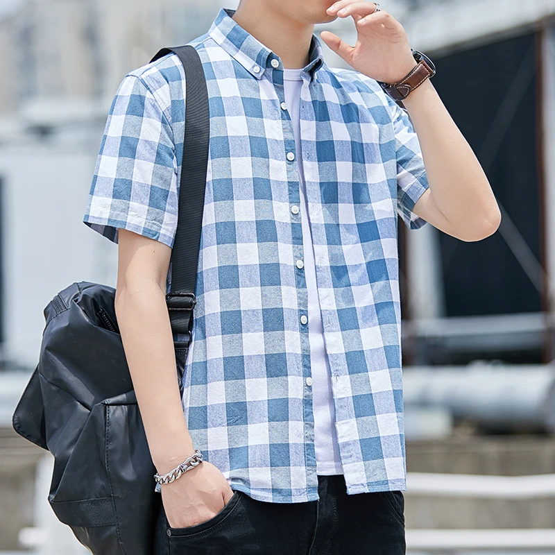 2025夏季新款纯棉短袖衬衫休闲时尚青年格子衬衣痞帅上衣男款外套