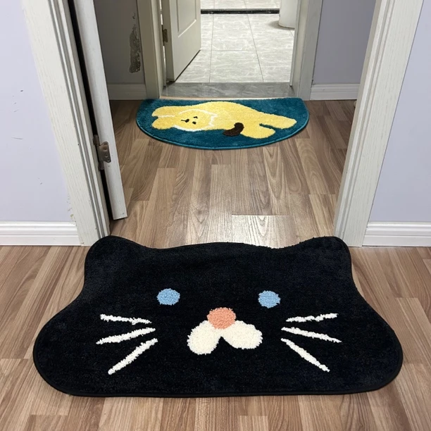 简约黑色猫咪植绒卧室门口浴室洗脸台盆吸水防滑脚垫