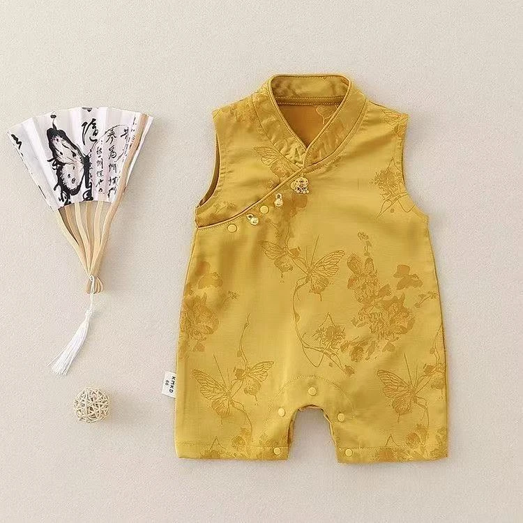 夏季百天婴儿衣服男女宝宝薄款满月国风连体衣周岁汉服哈衣唐装