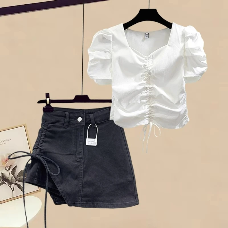 小个子夏季气质减龄穿搭一整套褶皱短袖衬衫抽绳短裙套装女两件套