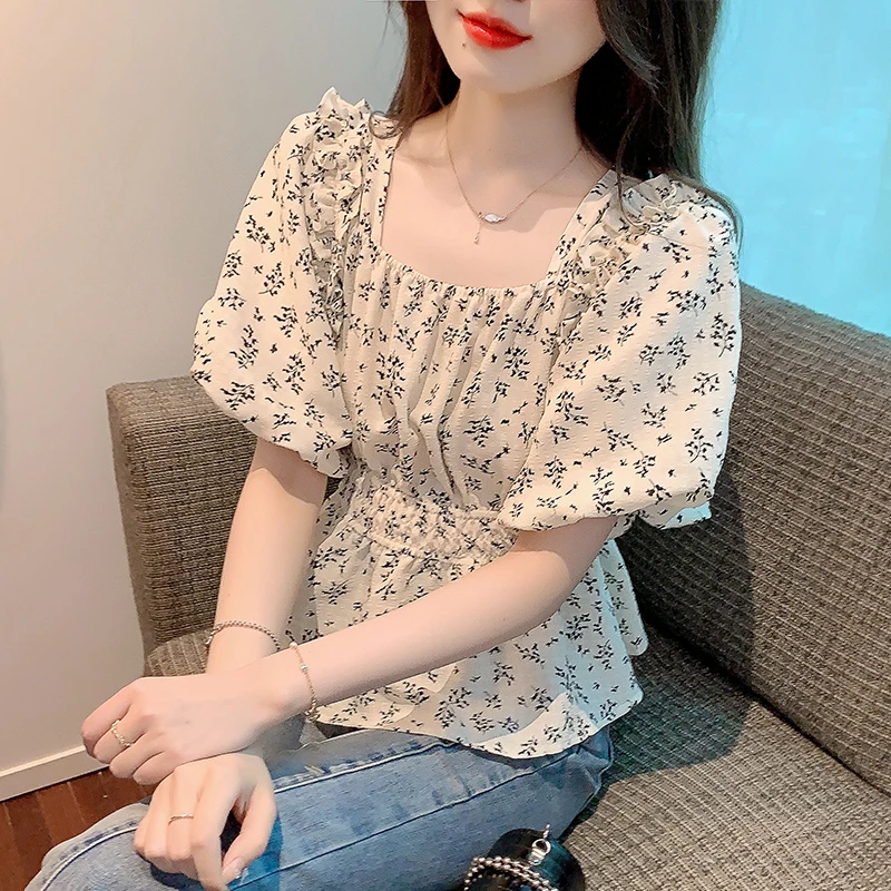 法式碎花夏季方领衬衫甜美雪纺衫洋气芭比风时尚设计感通勤显瘦