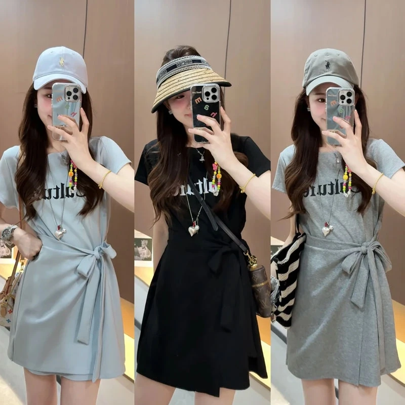 2025新款假两件两件套字母印花带屁帘中裙裙子