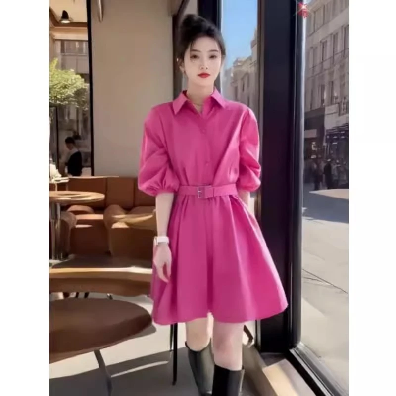 高级感玫红色衬衫裙2025春季新款时尚气质收腰显瘦超火百搭连衣裙